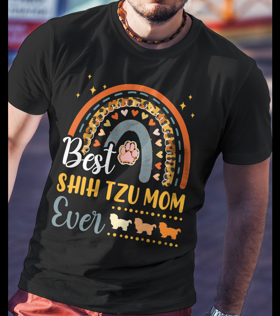 Shih Tzu Mom Ever Paw Print Rainbow Hearts T-Shirt