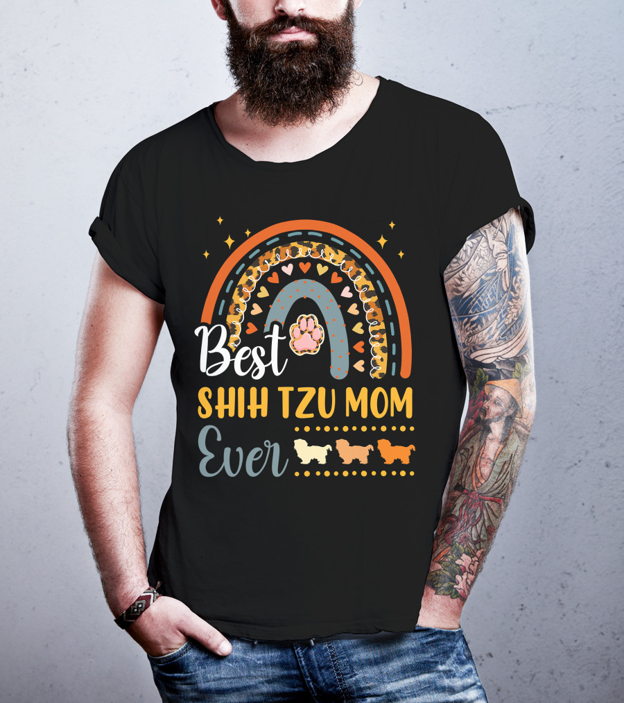 Shih Tzu Mom Ever Paw Print Rainbow Hearts T-Shirt