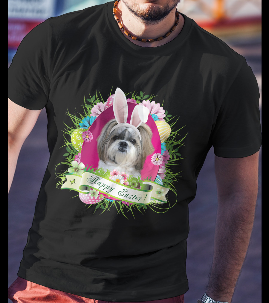 Happy Easter Bunny Shih Tzu Dog With Flowers And Eggs T-Shirt