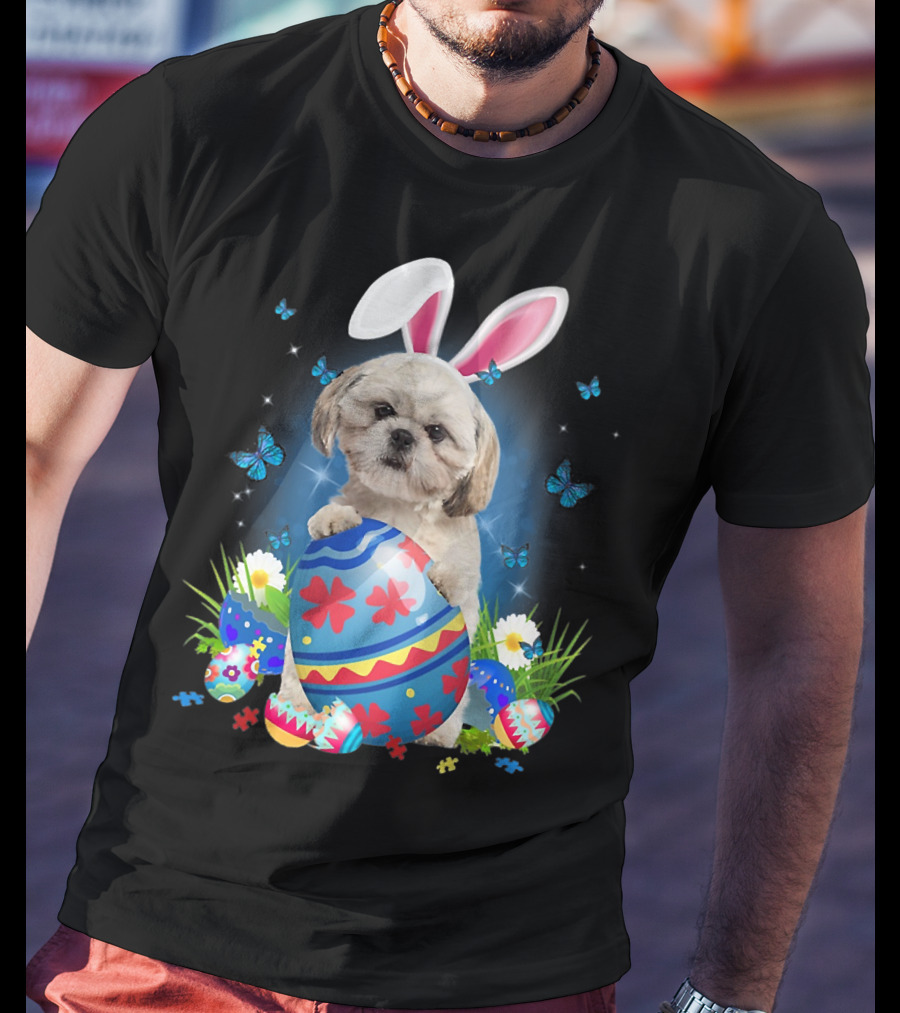 Easter Bunny Shih Tzu With Egg Basket And Flowers T-Shirt