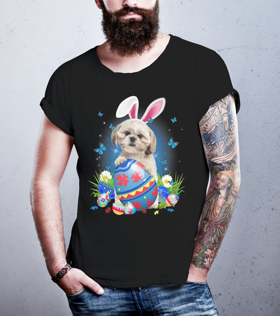 Easter Bunny Shih Tzu With Egg Basket And Flowers T-Shirt