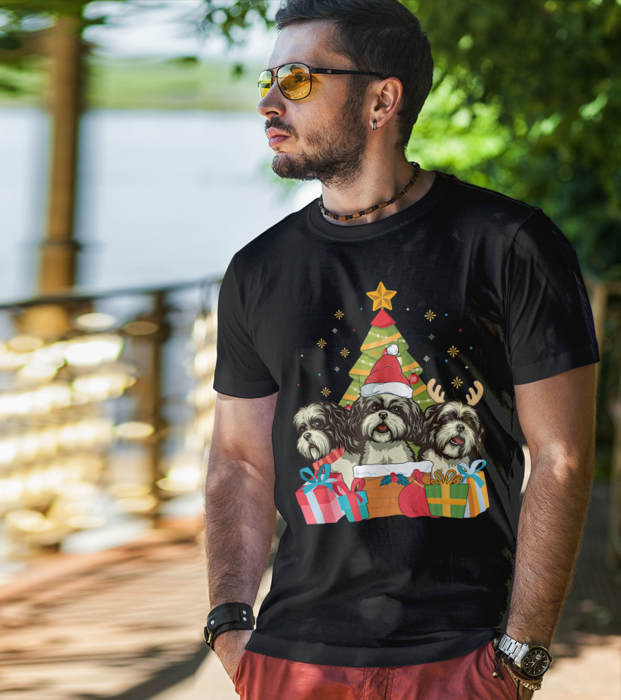 Christmas Shih Tzu Dogs With Santa Hat And Antlers By Xmas Tree T-Shirt