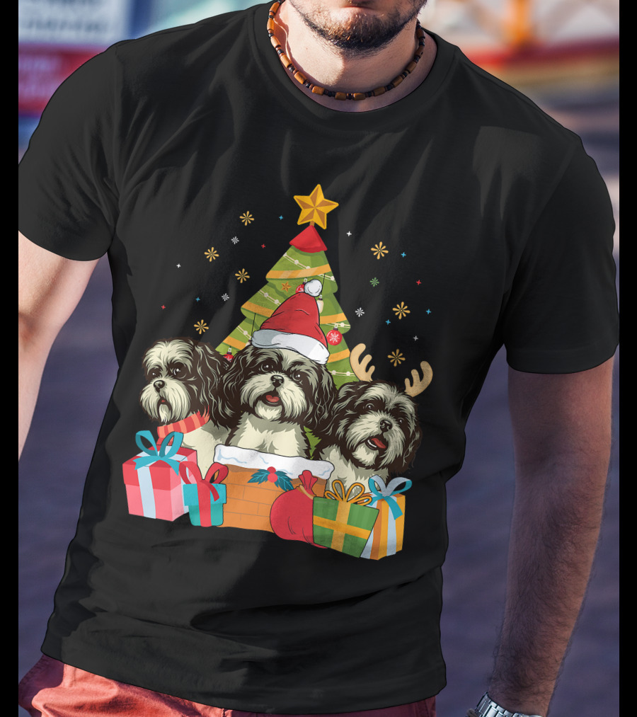 Christmas Shih Tzu Dogs With Santa Hat And Antlers By Xmas Tree T-Shirt