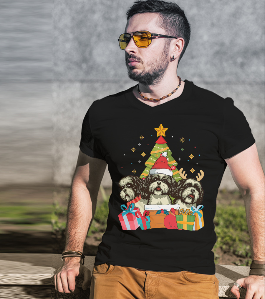 Christmas Shih Tzu Dogs With Santa Hat And Antlers By Xmas Tree T-Shirt