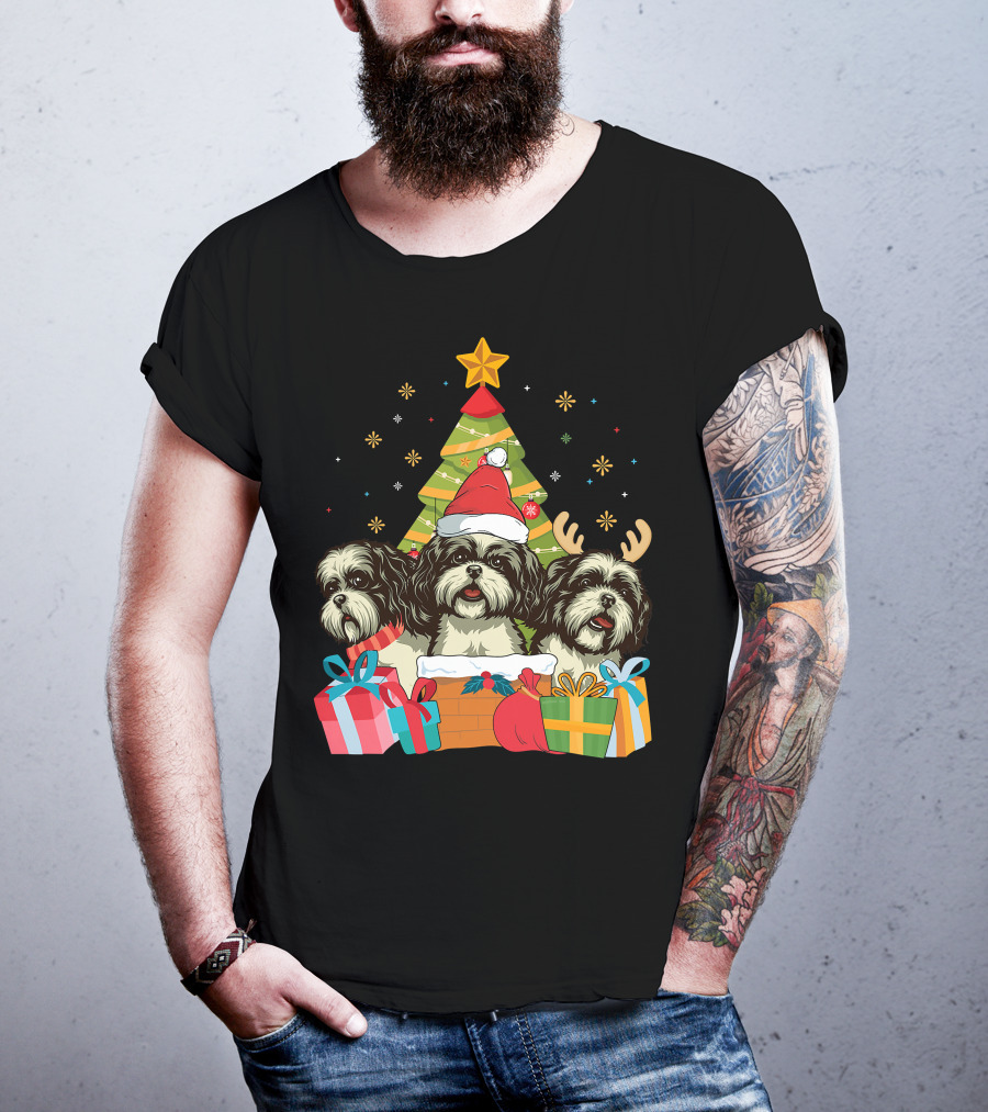 Christmas Shih Tzu Dogs With Santa Hat And Antlers By Xmas Tree T-Shirt