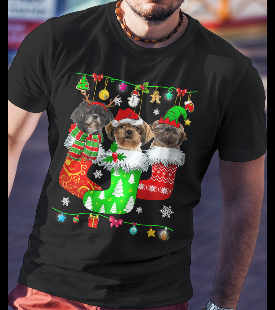 Christmas Shih Tzu Dogs In Festive Holiday Socks Pajama Lover T-Shirt