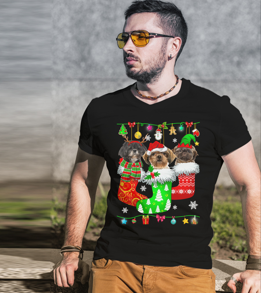 Christmas Shih Tzu Dogs In Festive Holiday Socks Pajama Lover T-Shirt