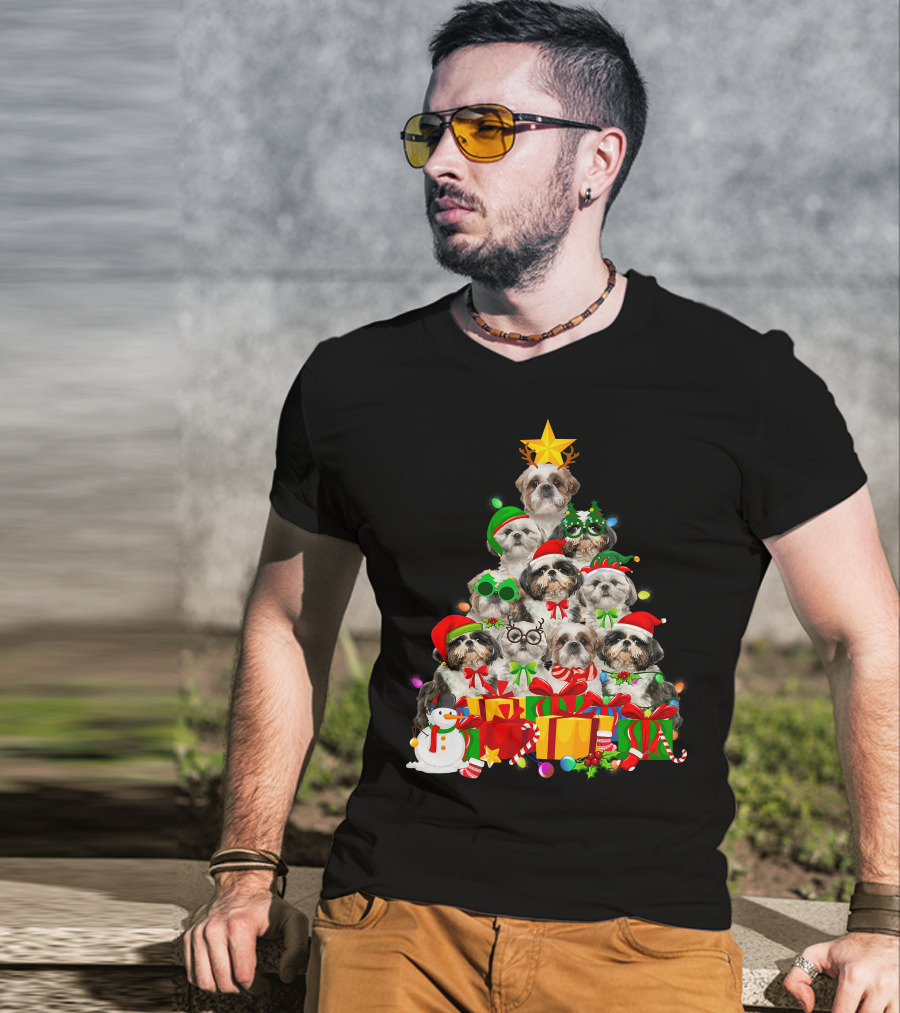 Christmas Tree Puppy Love Shih Tzu Dog Xmas Lights T-Shirt