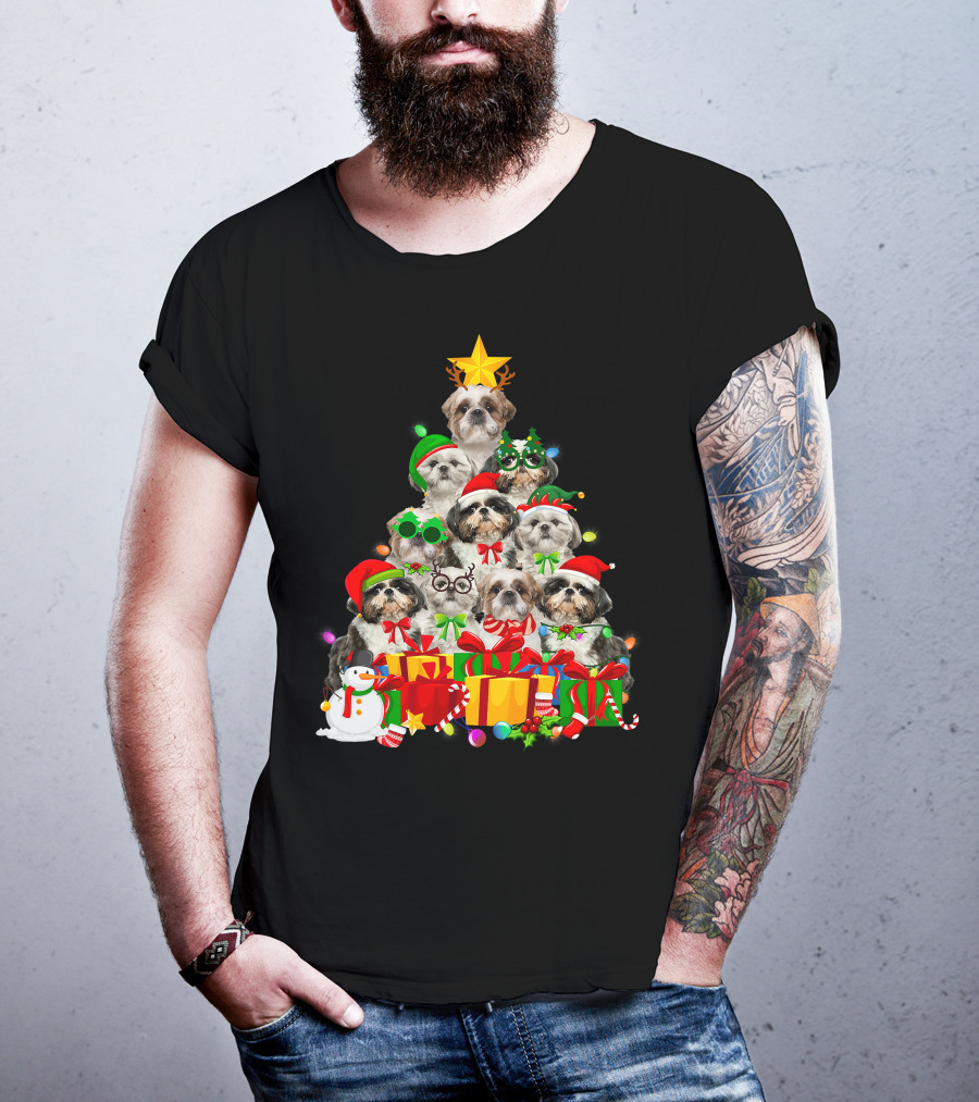 Christmas Tree Puppy Love Shih Tzu Dog Xmas Lights T-Shirt