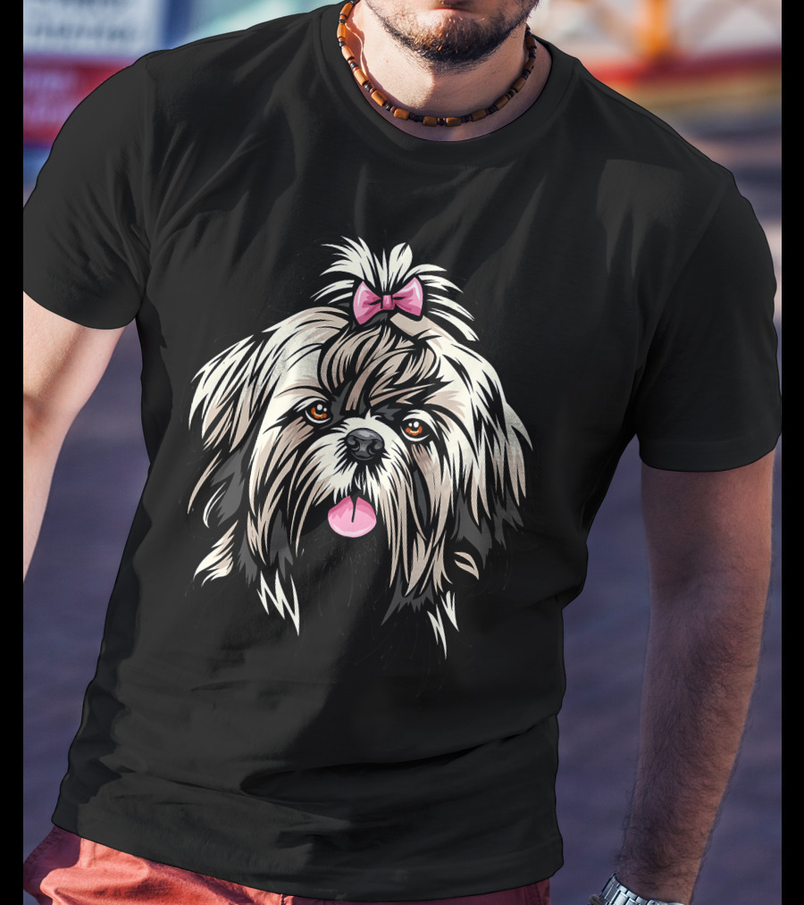Cool Shih Tzu Face Pink Bow Cartoon T-Shirt