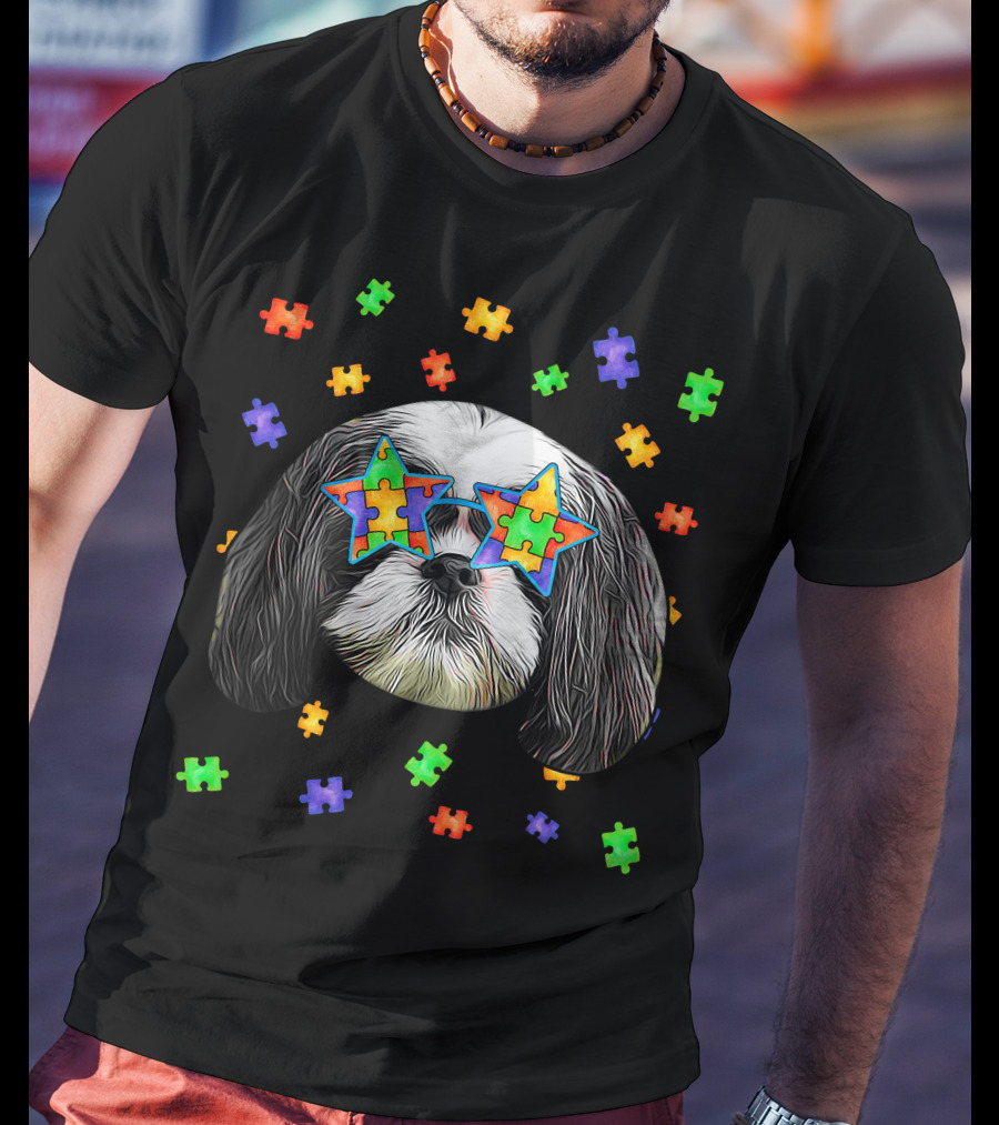 Autism Shih Tzu Dog Wearing Star Puzzle Piece Sunglasses With Colorful Pet Puzzle Surrounding T-Shirt