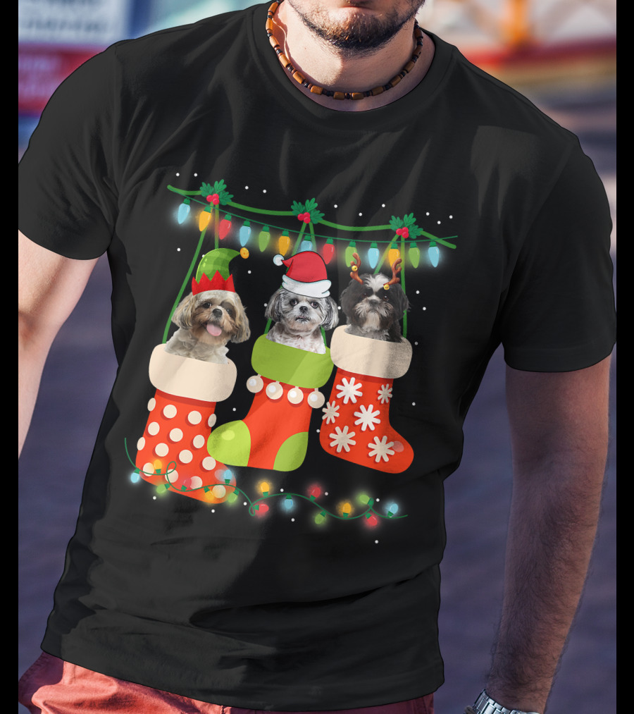 Cute Christmas Shih Tzu In Sock With Santa Hat Reindeer Antlers And Elf Hat T-Shirt
