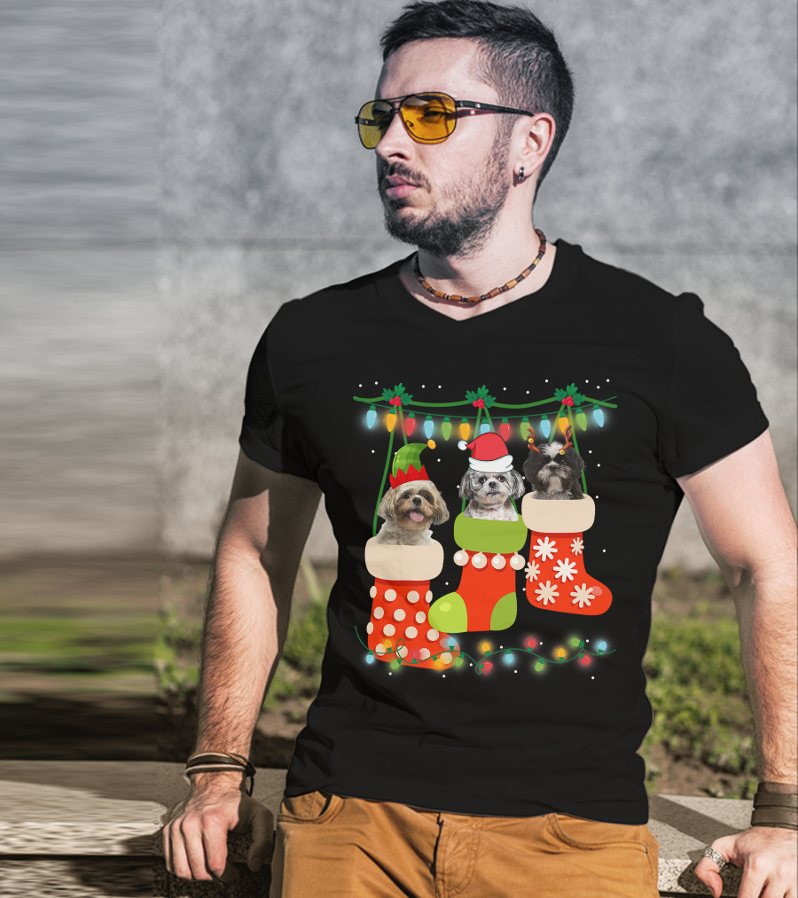 Cute Christmas Shih Tzu In Sock With Santa Hat Reindeer Antlers And Elf Hat T-Shirt