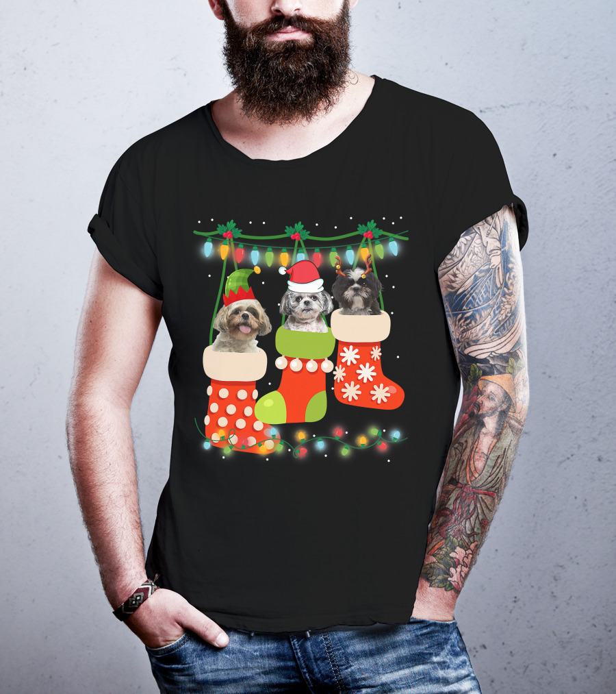 Cute Christmas Shih Tzu In Sock With Santa Hat Reindeer Antlers And Elf Hat T-Shirt