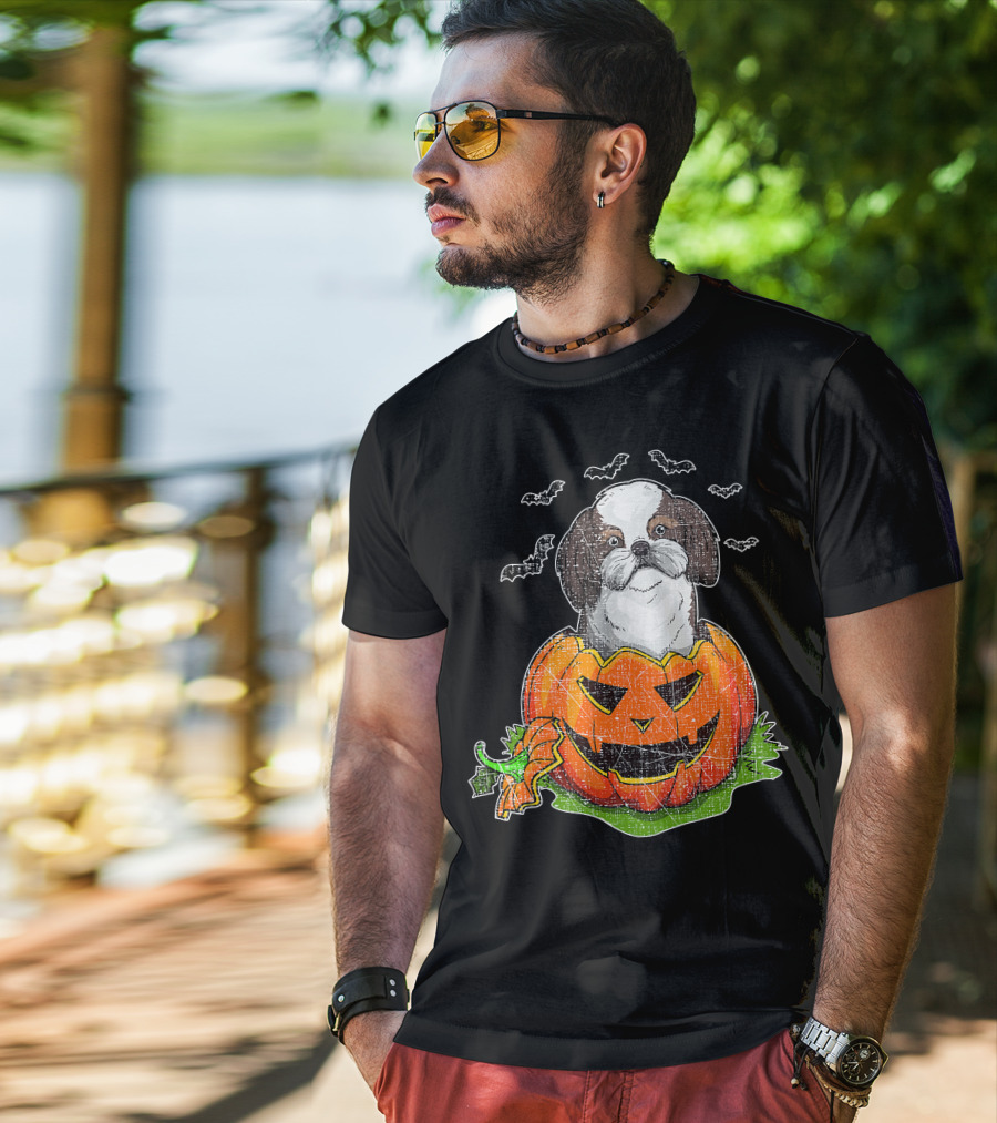 Cute Shih Tzu In Halloween Pumpkin With Bats T-Shirt