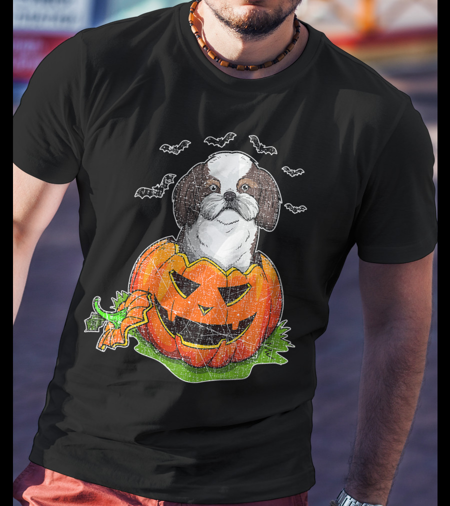 Cute Shih Tzu In Halloween Pumpkin With Bats T-Shirt