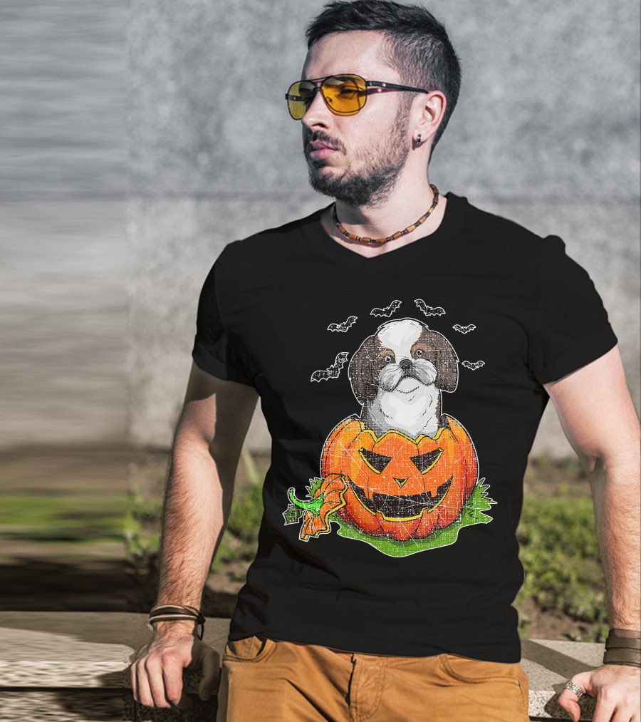Cute Shih Tzu In Halloween Pumpkin With Bats T-Shirt