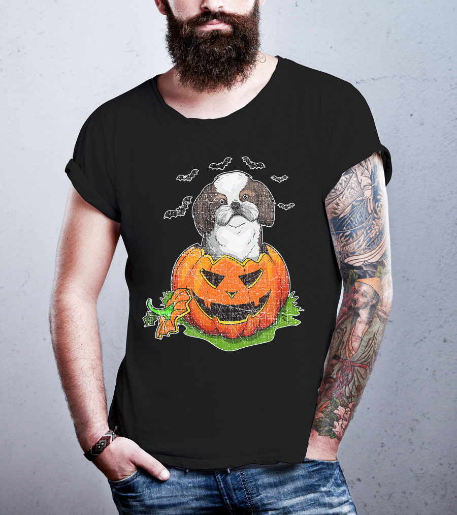 Cute Shih Tzu In Halloween Pumpkin With Bats T-Shirt
