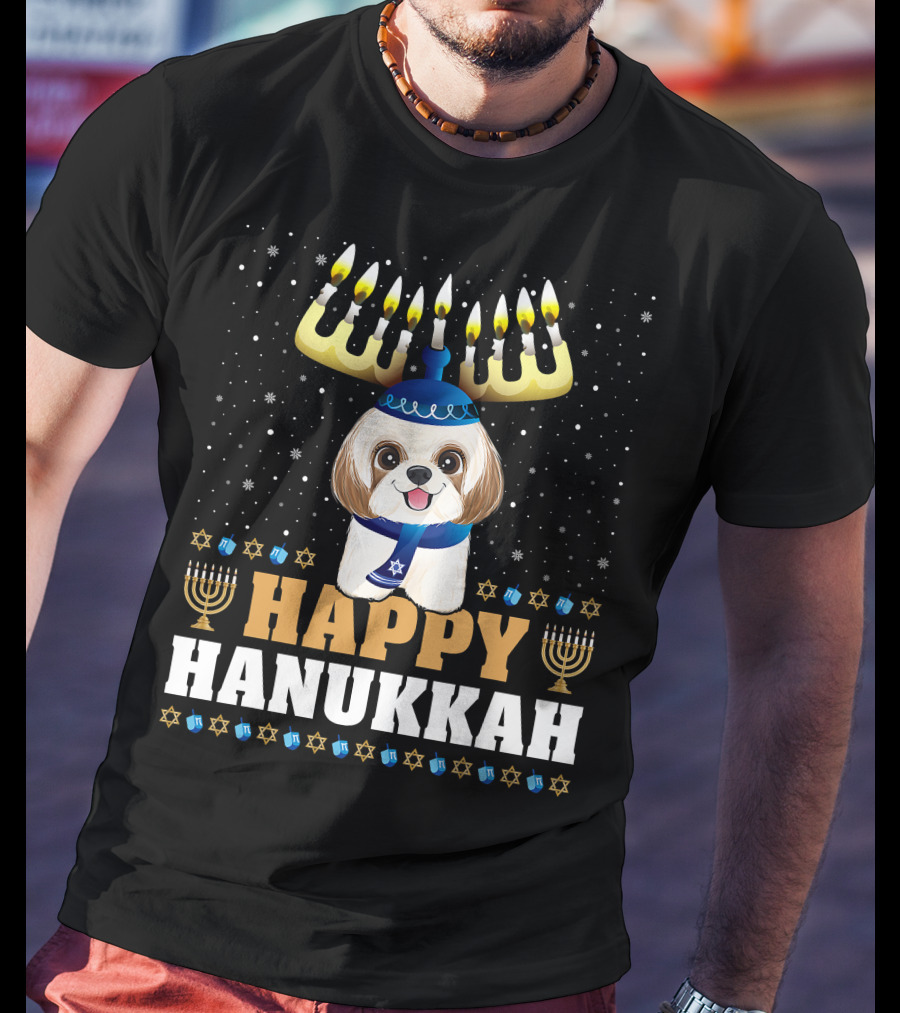 Cute Menorah Chanukah Funny Shih Tzu Happy Hanukkah T-Shirt