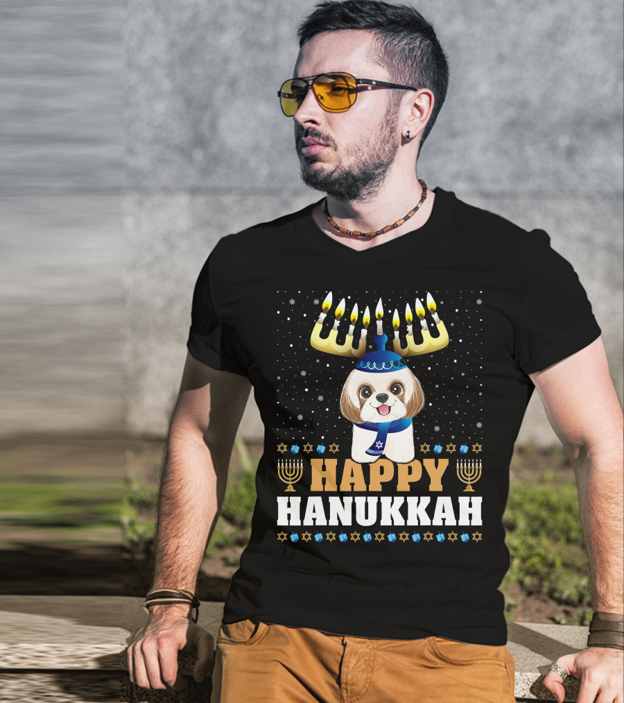 Cute Menorah Chanukah Funny Shih Tzu Happy Hanukkah T-Shirt