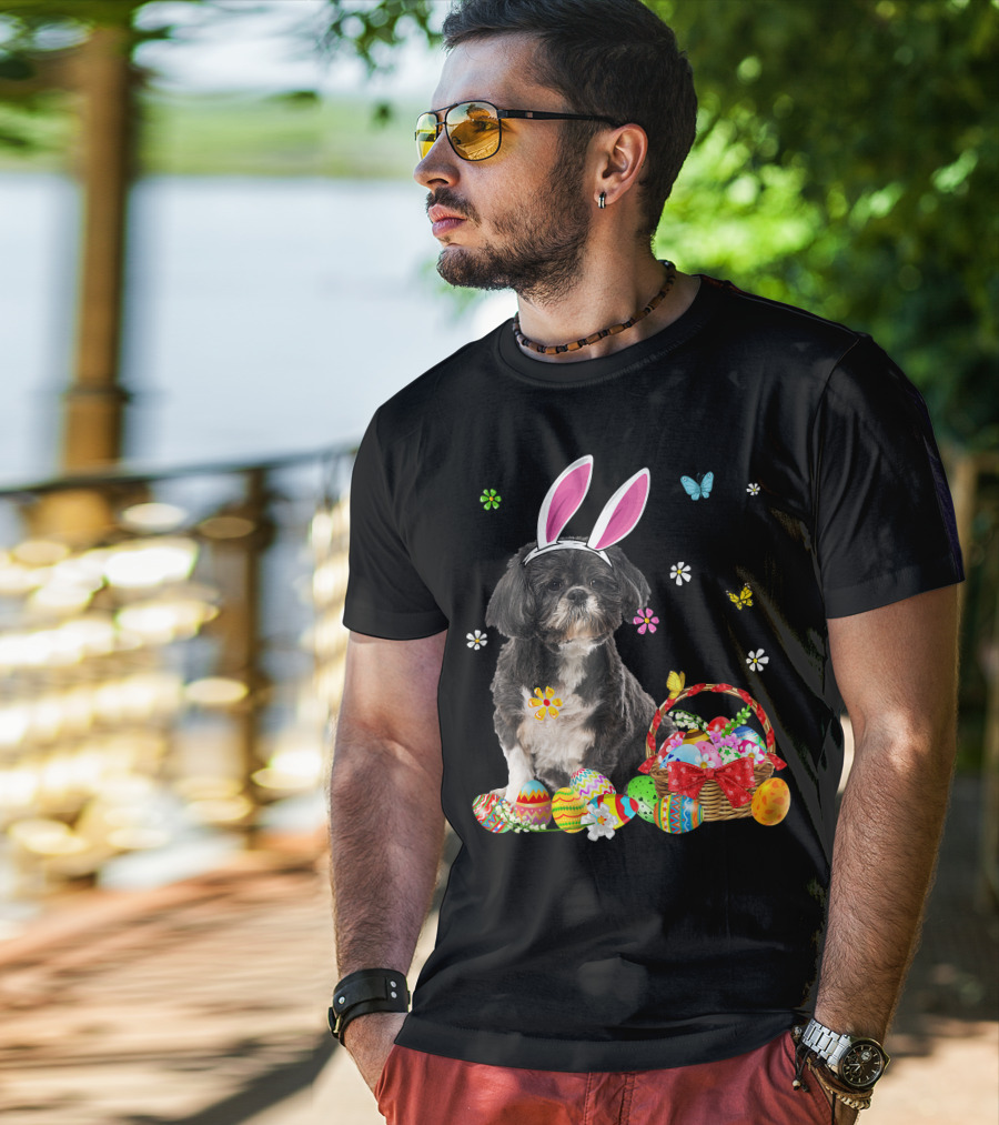 Shih Tzu Happy Easter Dog Lover Bunny Ears And Easter Egg Basket T-Shirt