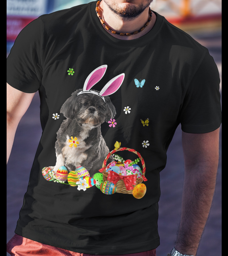 Shih Tzu Happy Easter Dog Lover Bunny Ears And Easter Egg Basket T-Shirt