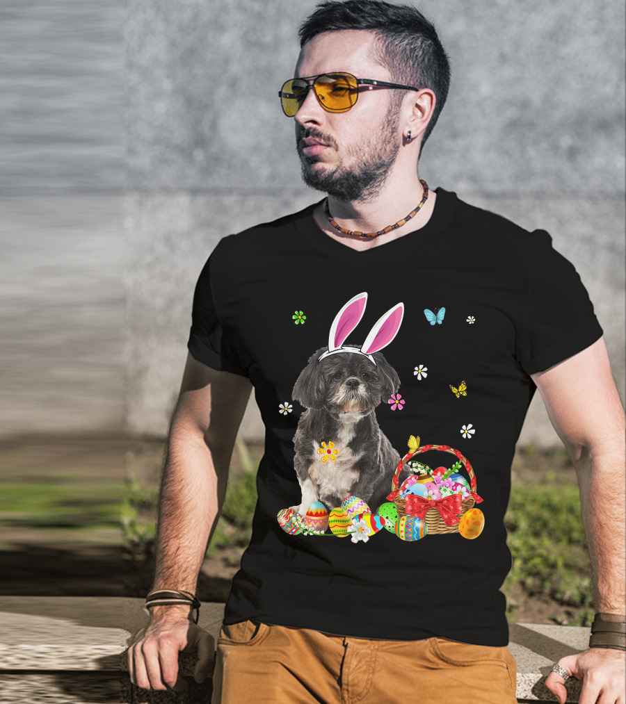 Shih Tzu Happy Easter Dog Lover Bunny Ears And Easter Egg Basket T-Shirt