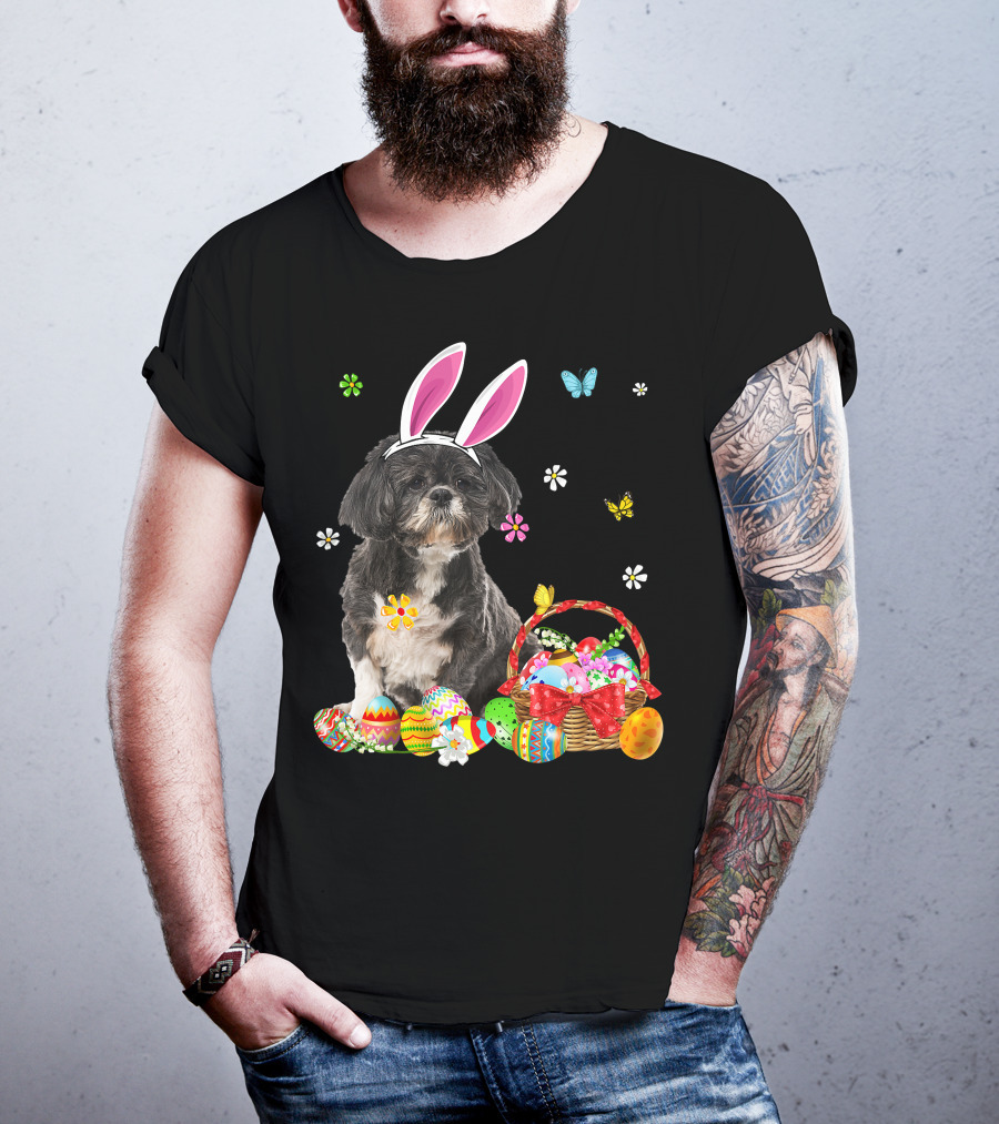 Shih Tzu Happy Easter Dog Lover Bunny Ears And Easter Egg Basket T-Shirt