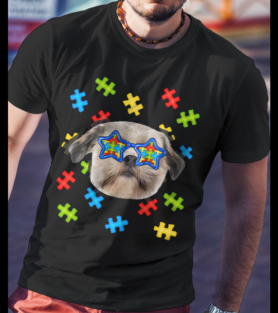 Shih Tzu Puppies Autism Puzzle Star Sunglasses T-Shirt