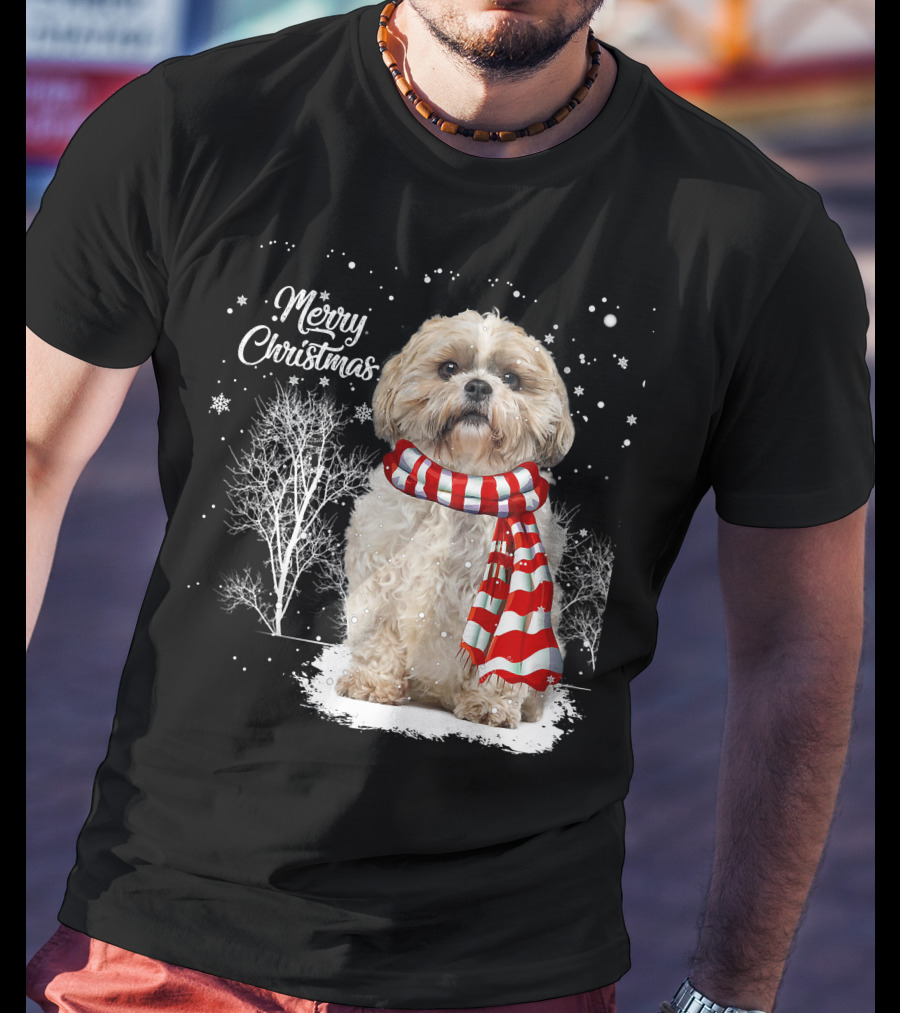 Shih Tzu Christmas Puppy Dog Lover Family Mat With Festive Scarf Snowflakes And Winter Trees T-Shirt