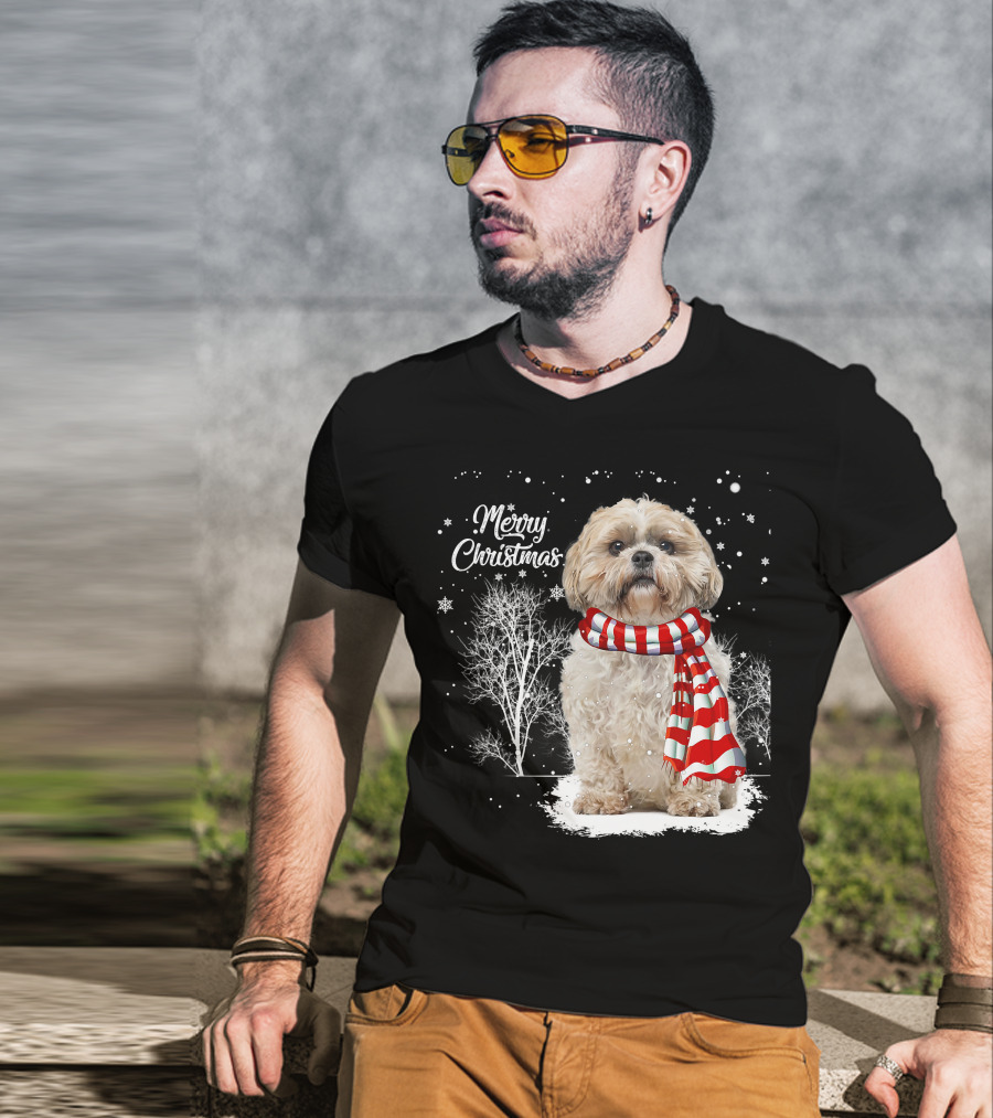 Shih Tzu Christmas Puppy Dog Lover Family Mat With Festive Scarf Snowflakes And Winter Trees T-Shirt