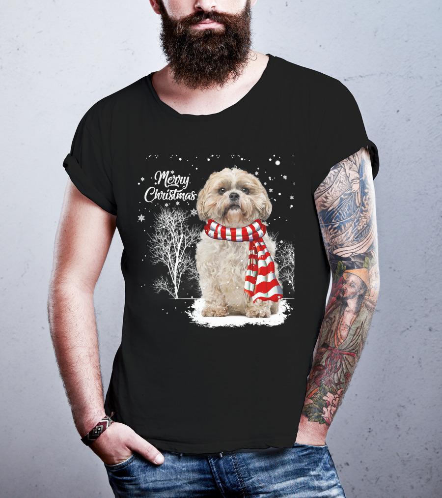 Shih Tzu Christmas Puppy Dog Lover Family Mat With Festive Scarf Snowflakes And Winter Trees T-Shirt