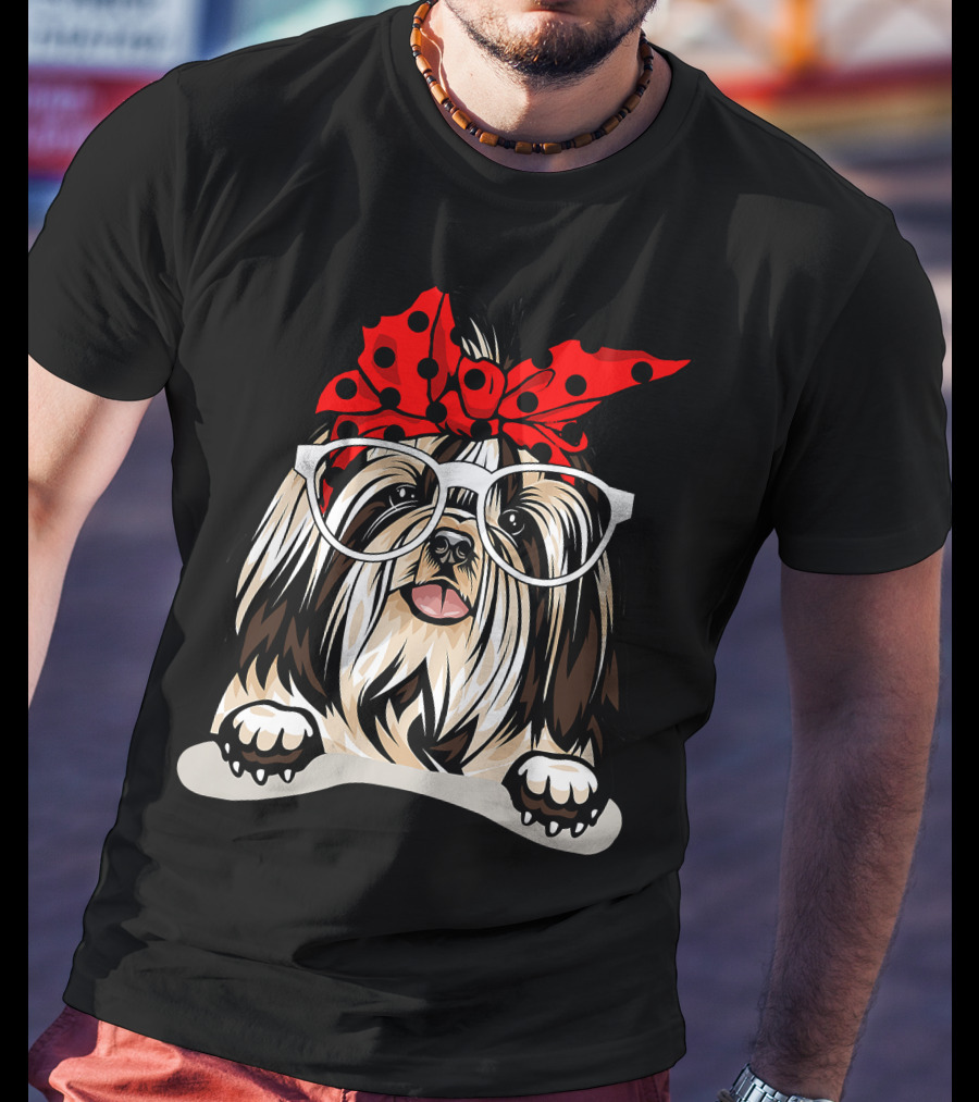 Shih Tzu Christmas Red Plaid Headband Glasses T-Shirt
