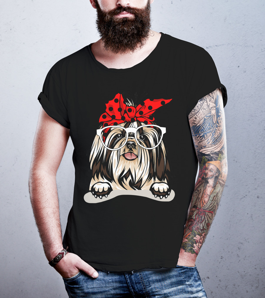 Shih Tzu Christmas Red Plaid Headband Glasses T-Shirt