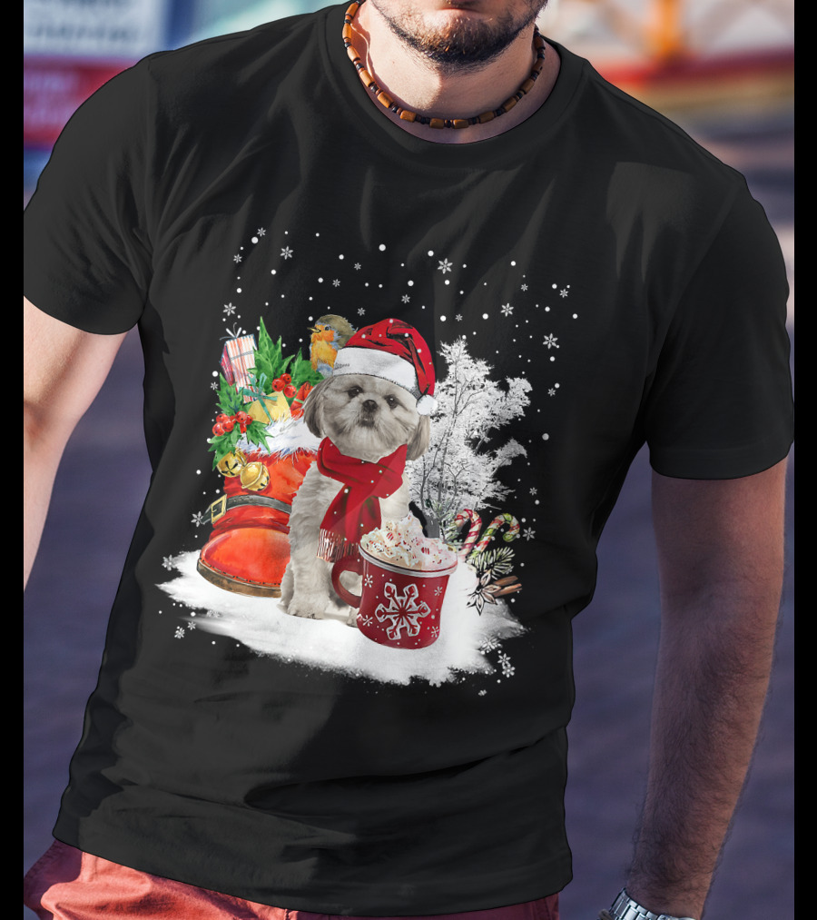 Shih Tzu Dog Santa Hat Hot Cocoa Christmas Scene T-Shirt
