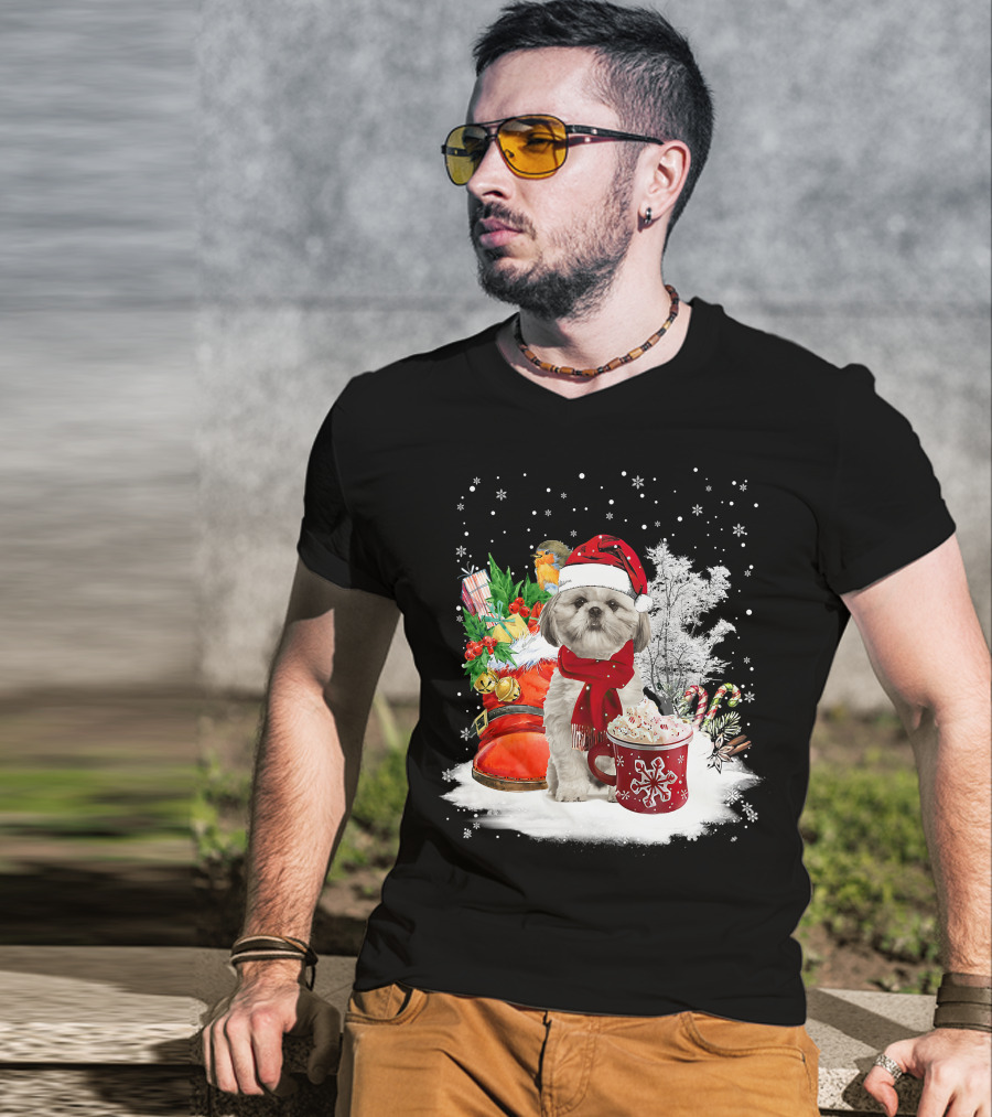 Shih Tzu Dog Santa Hat Hot Cocoa Christmas Scene T-Shirt