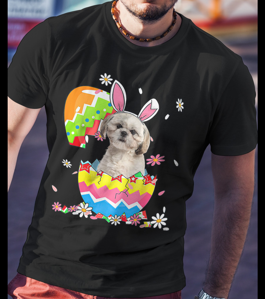 Shih Tzu Dog In Colorful Easter Egg With Bunny Ears And Flowers T-Shirt