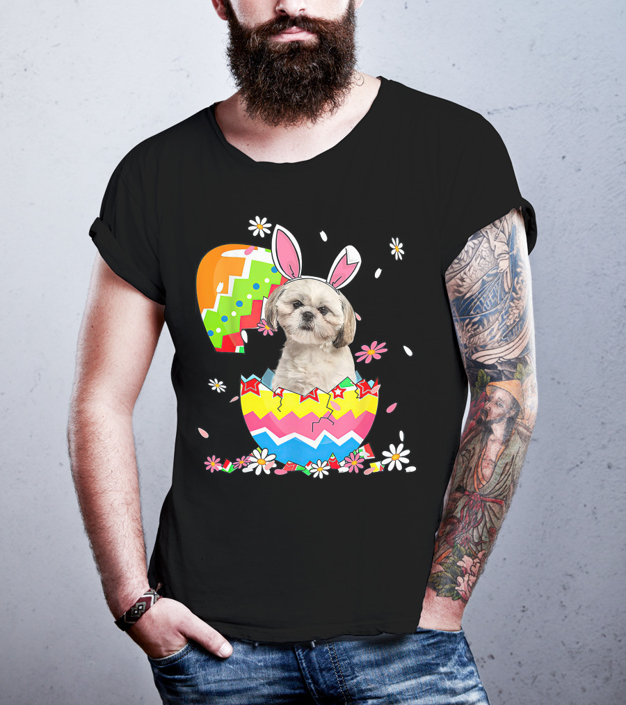 Shih Tzu Dog In Colorful Easter Egg With Bunny Ears And Flowers T-Shirt