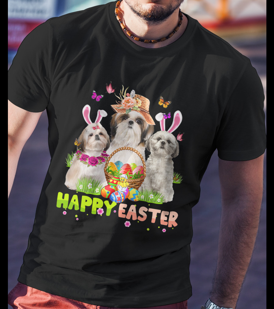 Happy Easter Shih Tzu Bunny Ears Basket Eggs Butterflies Flowers T-Shirt