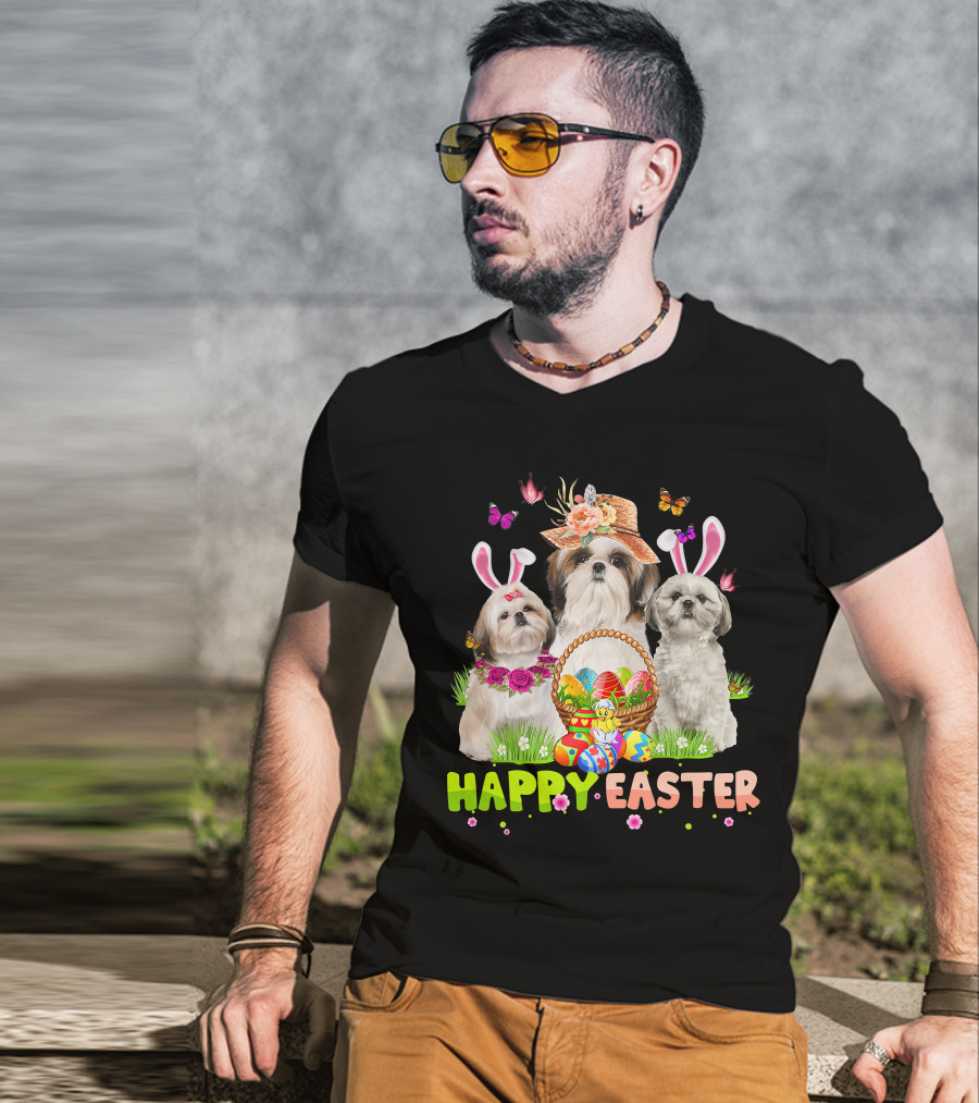 Happy Easter Shih Tzu Bunny Ears Basket Eggs Butterflies Flowers T-Shirt