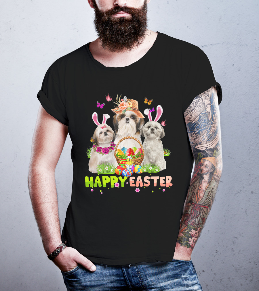 Happy Easter Shih Tzu Bunny Ears Basket Eggs Butterflies Flowers T-Shirt