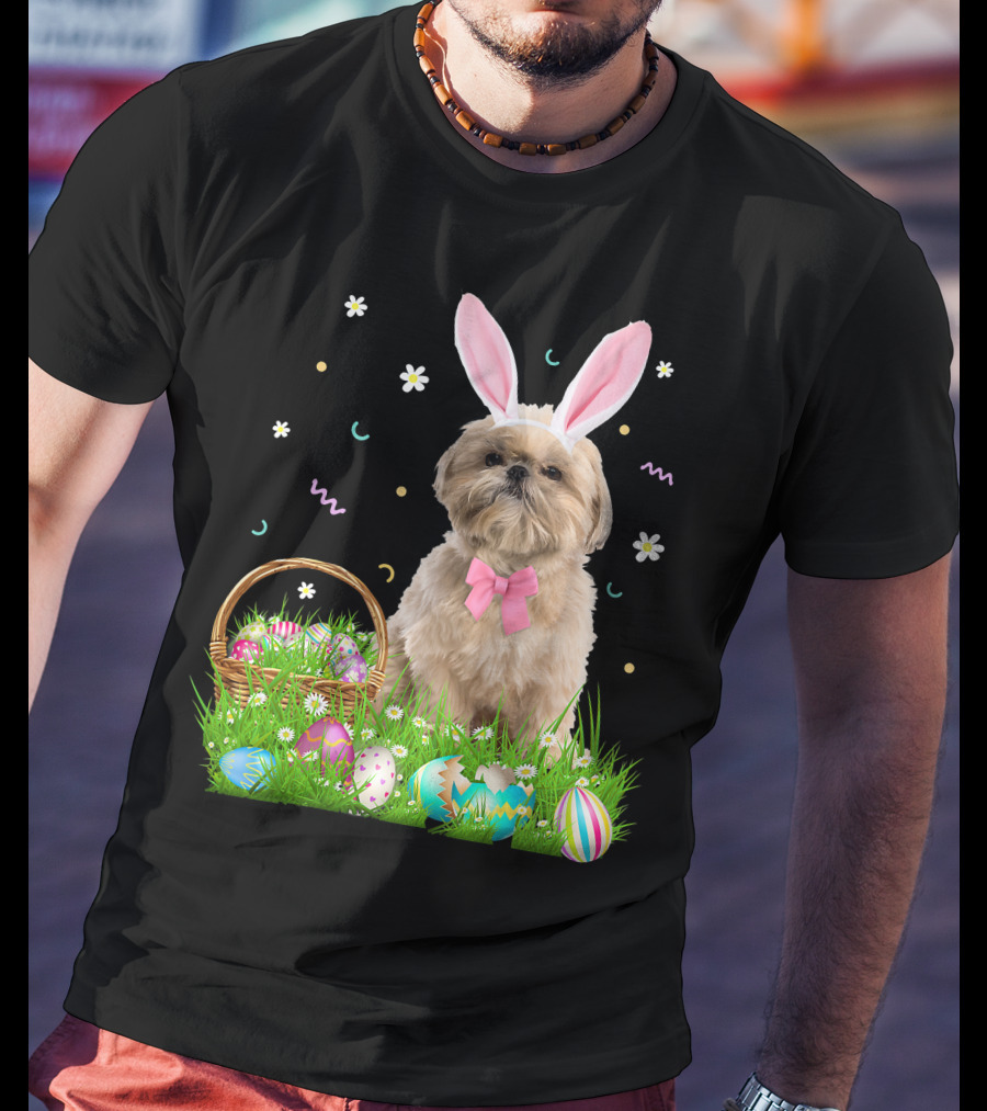 Shih Tzu Easter Day Bunny Ears And Colorful Eggs Easter98 T-Shirt