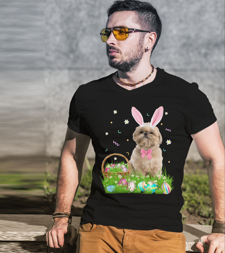 Shih Tzu Easter Day Bunny Ears And Colorful Eggs Easter98 T-Shirt