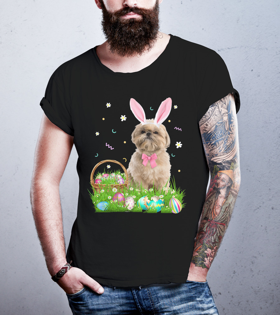 Shih Tzu Easter Day Bunny Ears And Colorful Eggs Easter98 T-Shirt