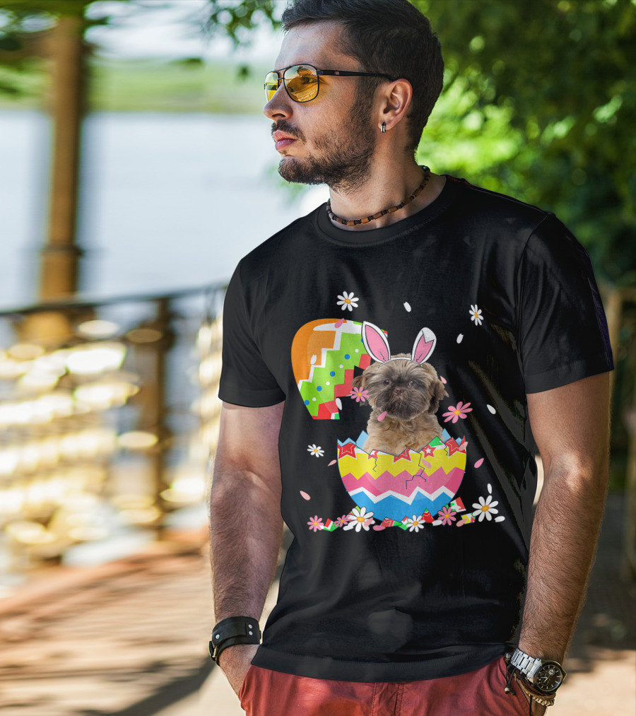 Cute Shih Tzu Easter Day Dog Dad Dog Mom With Bunny Ears And Colorful Egg T-Shirt