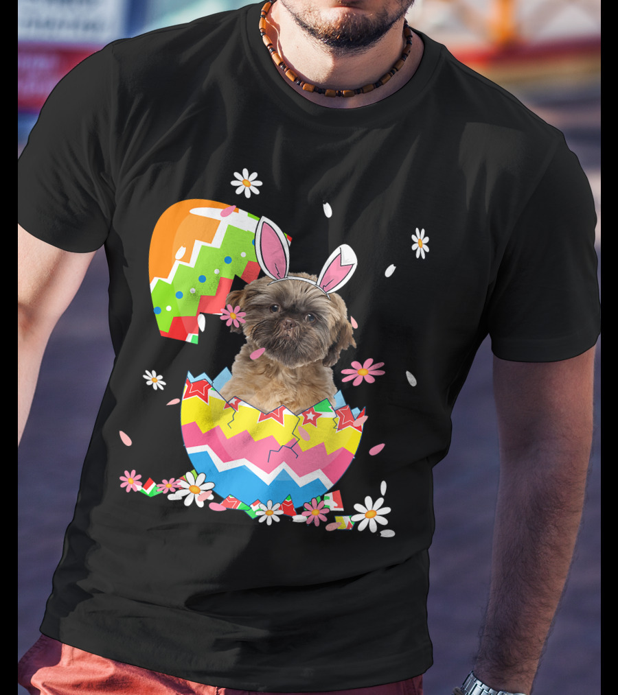 Cute Shih Tzu Easter Day Dog Dad Dog Mom With Bunny Ears And Colorful Egg T-Shirt