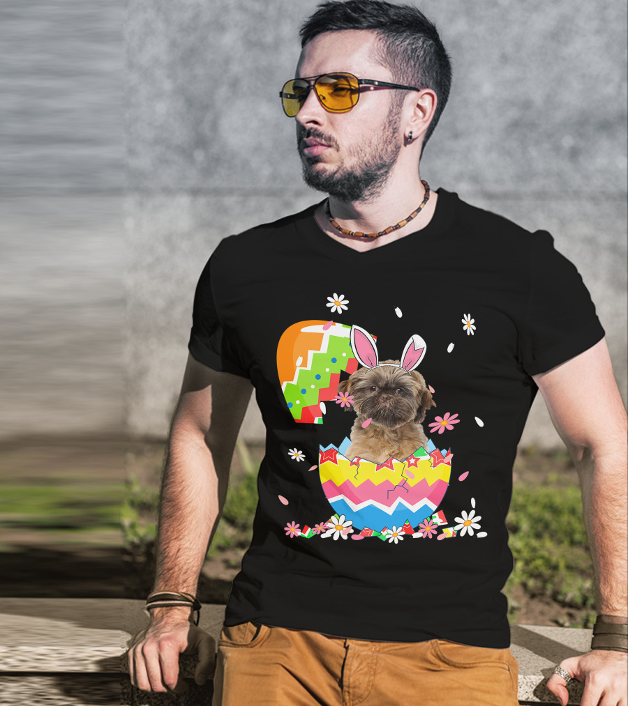 Cute Shih Tzu Easter Day Dog Dad Dog Mom With Bunny Ears And Colorful Egg T-Shirt