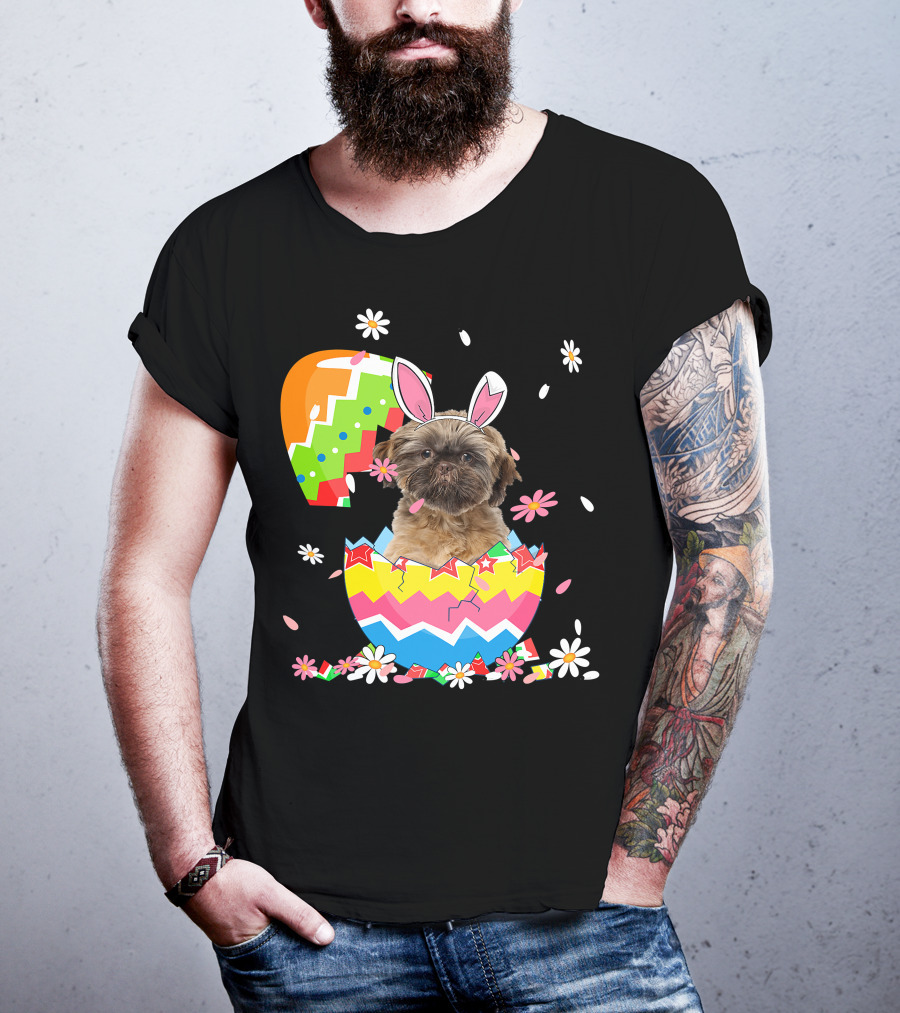 Cute Shih Tzu Easter Day Dog Dad Dog Mom With Bunny Ears And Colorful Egg T-Shirt