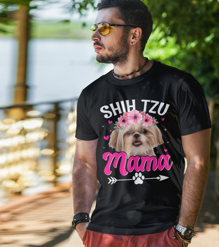 Shih Tzu Mama With Flower Crown Hearts T-Shirt