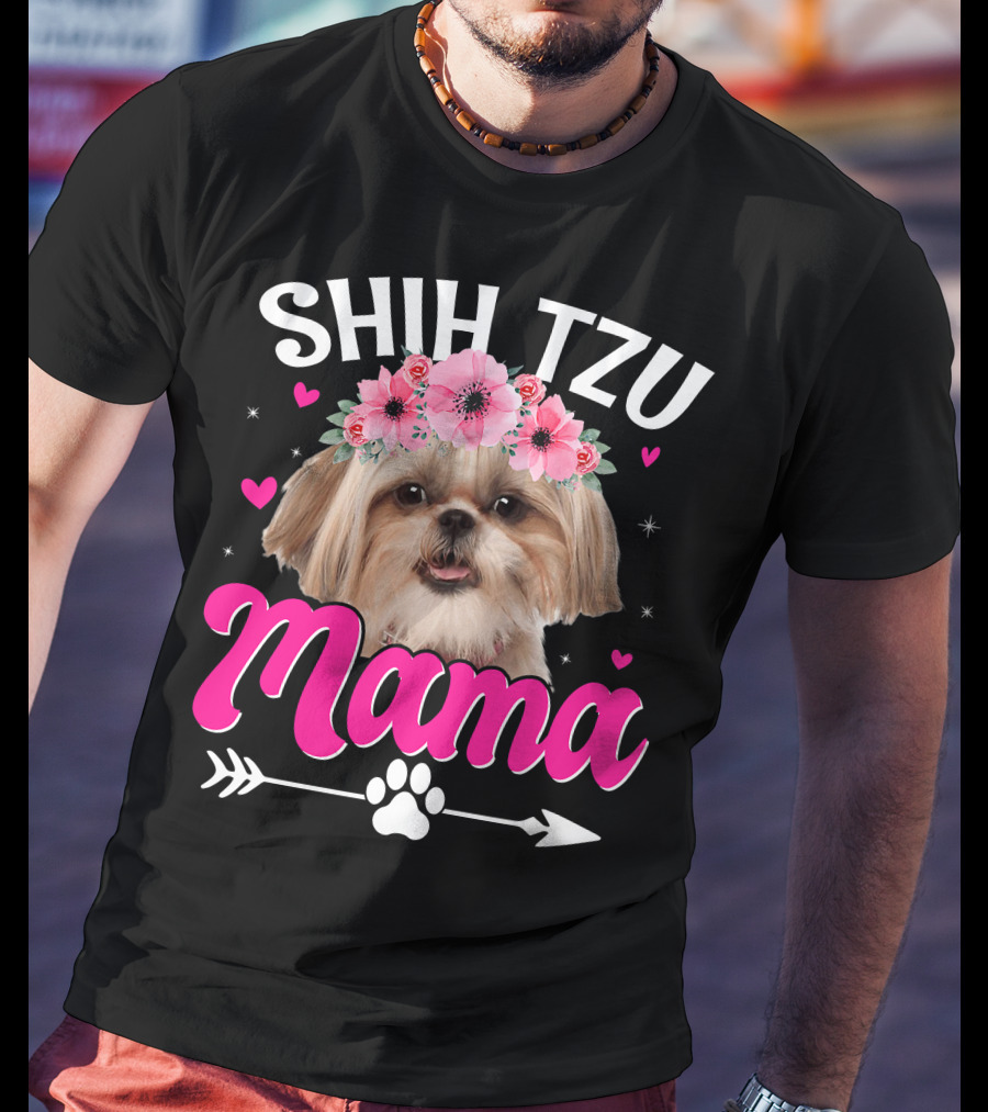 Shih Tzu Mama With Flower Crown Hearts T-Shirt